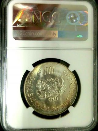 NGC MS64 - Luxembourg 1963 Charlotte Silver 100 Francs Choice BU Scarce 4