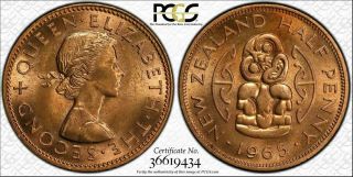 1965 Zealand Half Penny Pcgs Ms65rd Bu Color Toned Coin Three Graded Higher
