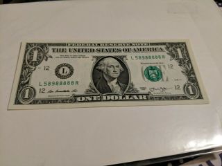 2013 Nearly Solid Eights 8s $1 Dollar Bill Us Currency Serial L58988888 Crisp
