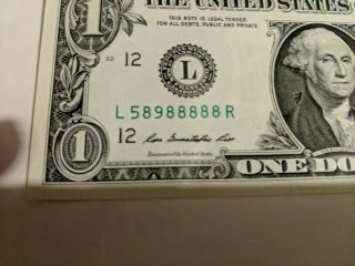 2013 nearly SOLID eights 8s $1 Dollar Bill US Currency serial L58988888 CRISP 2