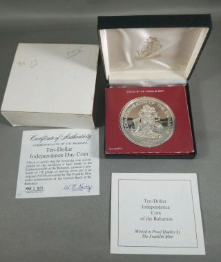 Bahamas 1975 Ten Dollar Independence Day Proof Silver Coin Box And 1.  56 Toz.