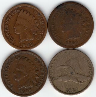 1908 - S 1869 1909 1857 Flying Eagle / Indian Head Cent Total Of 4 Pennies