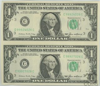 Two 1985 $1 Federal Reserve Philadelphia One Dollar Bills Uncut Notes