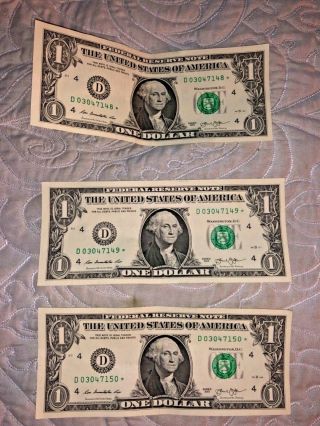 Three (3) Consecutive Dollar Bills With A Star At The End Of Serial