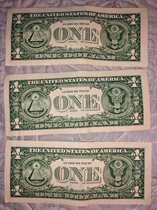 Three (3) Consecutive Dollar Bills With A Star At The End Of Serial 5