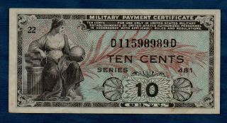 Usa Military Payment Certificate 481 Series 10 Cents Vf,