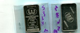 Williams Vintage 1 Ounce.  999 Fine Silver Bar Refiner 5364m