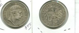 1903 A Germany Prussia 5 Mark Silver Coin Vf Xf 3456m