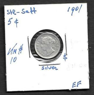 1901 Straits Settlements Silver 5 Cent Coin - Book Value $84