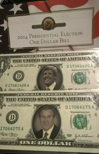 2004 Kerry And Bush Presidential Election One Dollar Bill Set