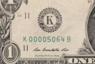 2013 K Series $1 One Dollar Bill Fancy Low Serial Rare 5 Of A Kind Note Frn Cool