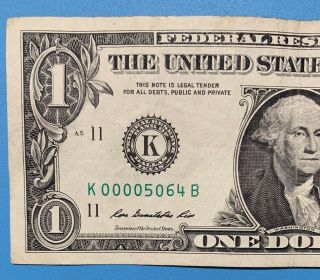 2013 K Series $1 One Dollar Bill Fancy Low Serial Rare 5 of a Kind Note FRN Cool 2