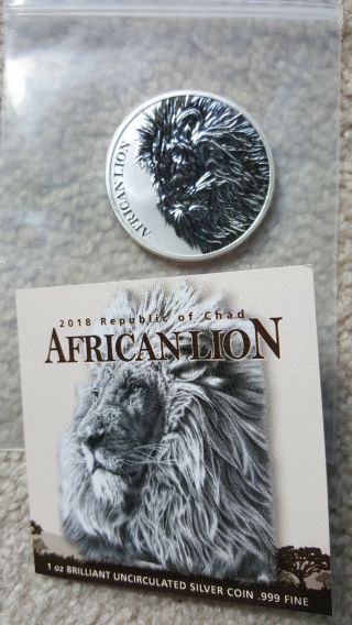 2018 Republic Of Chad African Lion 1 Oz Silver Fr 5,  000 Coin Bu With Booklet