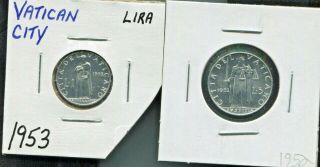 Vatican City - 2 Historical Pius Xii Coins,  1952,  5 Lire & 1953,  Lira