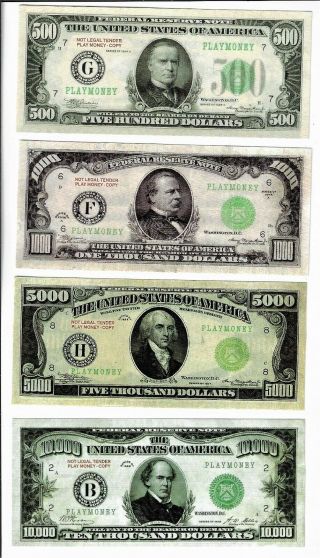 $500 - 1,  000 - 5,  000 - 10,  000 Old Dollar Bill Play Fake Prank Money Double Sided 1928