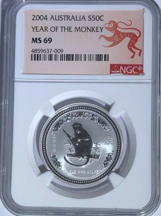 2004 S 50c Ngc Ms69 Australia Lunar Year Of The Monkey 1/2 Oz Silver.  999 Fine