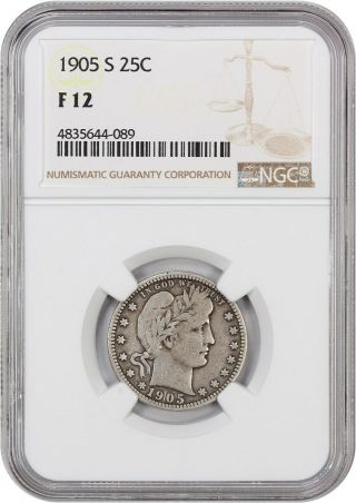 1905 - S 25c Ngc F12 - Underrated Key Date - Barber Quarter - Underrated Key Date