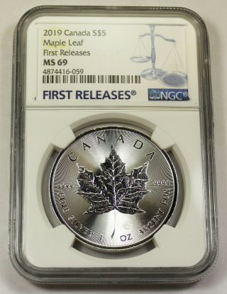 2019 Ngc Ms 69 Canadian / Canada Maple Leaf 1 Oz.  999 Fine Silver - 1st Release