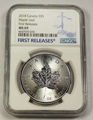2018 Ngc Ms 69 Canadian / Canada Maple Leaf 1 Oz.  999 Fine Silver Early Release