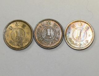 Japan Coin Showa 23 24 25 Years 1948 49 50 1 Yen Brass Coins.  Full Set Of Serie