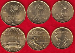 Argentina Set Of 3 Coins: 20 - 100 Pesos 1978 " Soccer - Football " Unc