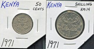 Kenya - 2 Historical Mzee Jomo Kenyatta 1971 Coins,  50 Cents & Shilling