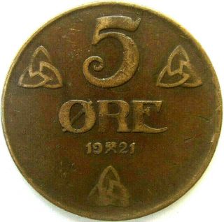 Norway Coins,  5 Ore 1921,  Haakon Vii