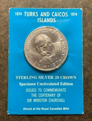 1974 Turks & Caicos Silver 20 Crowns Coin - 45mm Dia.  - Churchill -