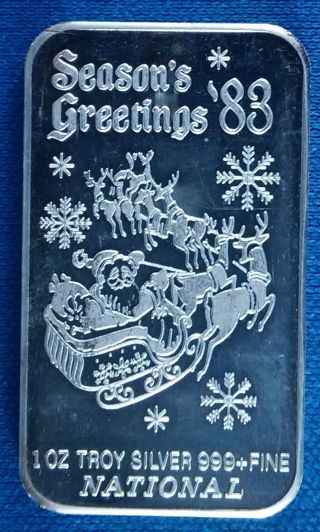Vintage 1983 Christmas Flying Reindeer 1 Ounce.  999 Silver Art Bar National