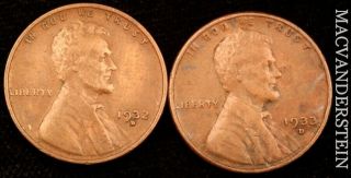 Group Of Two Lincoln Wheat Cents - 1932 - D ; 1933 - D - Semi - Key Nr256