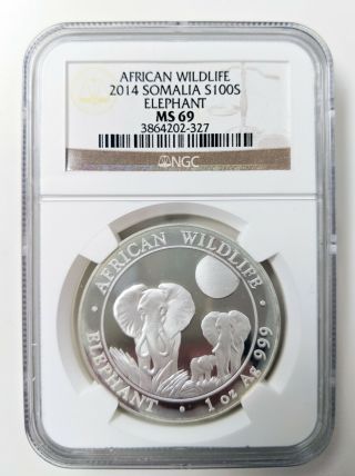 2014 African Wildlife Elephant 1 Oz Bu Silver Coin Ngc Ms 69.  999 Fine