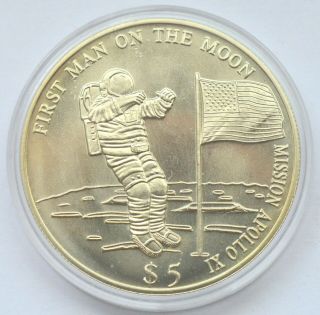 Liberia 5 Dollars 2000 First Man On The Moon Space Apollo Unc Coin In Capsule