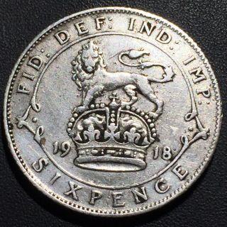 Old Foreign World Coin: 1918 Great Britain Sixpence, .  925 Silver