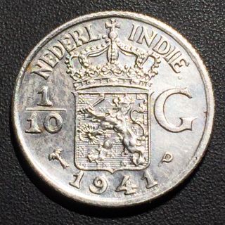 Old Foreign World Coin: 1941 - P Netherlands East Indies 1/10 Gulden, .  720 Silver