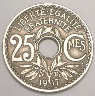 1917 France French 25 Centimes R&f Wwi Era Coin Vf,