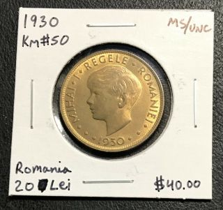1930 Romania 20 Lei Ms/unc Km 50 Coin Nr