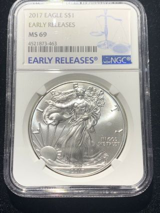 2017 $1 American Silver Eagle Ngc Ms69 Early Releases Blue Label