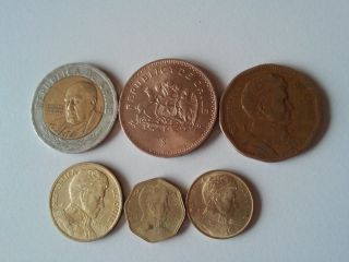 Chile set of 6 coins 500,  100,  50,  10,  5,  1 peso 1990 - 2001 2
