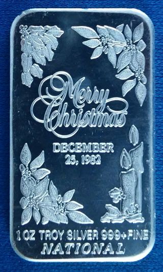 Vintage 1982 Merry Christmas 1 Ounce.  999 Silver Art Bar National - Canada