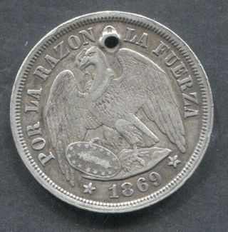 1869 Chile Peso Holed Vf Details
