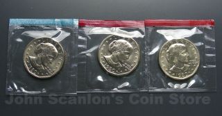 1980 P,  D&s Susan B Anthony Dollars 3 - Coin Set (in Cello) Bu