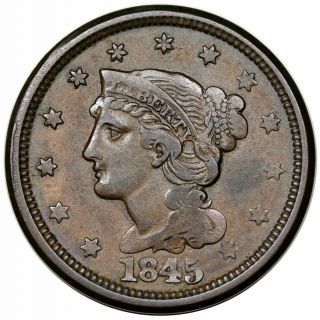 1845 Braided Hair Large Cent,  N - 12,  R3,  Bluntly Struck Au