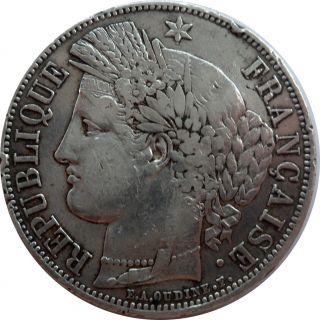 French Coin,  1850 A,  Paris,  5 Francs Silver,  Ceres,  Grade Xf,