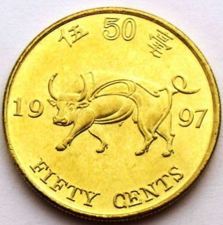 Hong Kong 50 Cents 1997 Km 74 Animal Ox - Cow Rare Commemorative Unc Coin