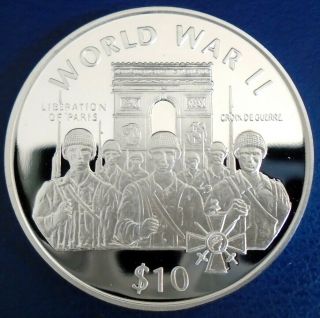 Liberia: 1997 $10 " Ww2 " (k) 1 Tr Oz.  999 Silver Proof,  Cap,  Cert - Top Grade