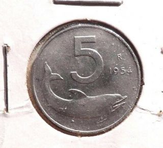Circulated 1954r 5 Lira Italian Coin.
