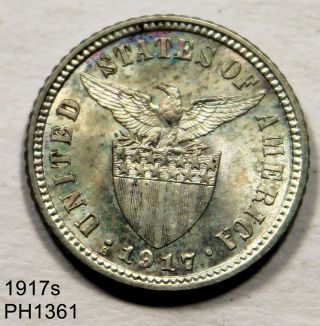 Philippines 10 Centavos 1917 - S Uncirculated 75 Silver In U.  S.