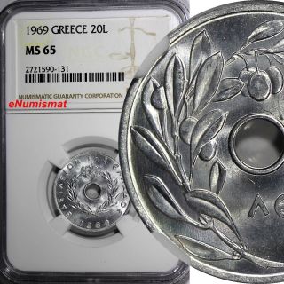 Greece Constantine Ii Aluminum 1969 20 Lepta Ngc Ms65 Km 79