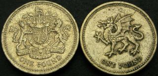 Great Britain 1 Pound 1995/2003 - Royal Arms/welsh Dragon - 2 Coins - 2630 ¤