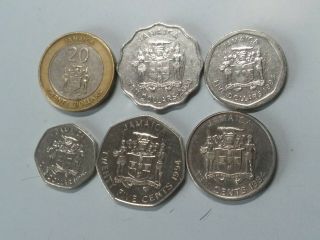 Jamaica Set Of 6 Coins 20,  10,  5,  1 Dollar,  25,  10 Cents 1994 - 2001